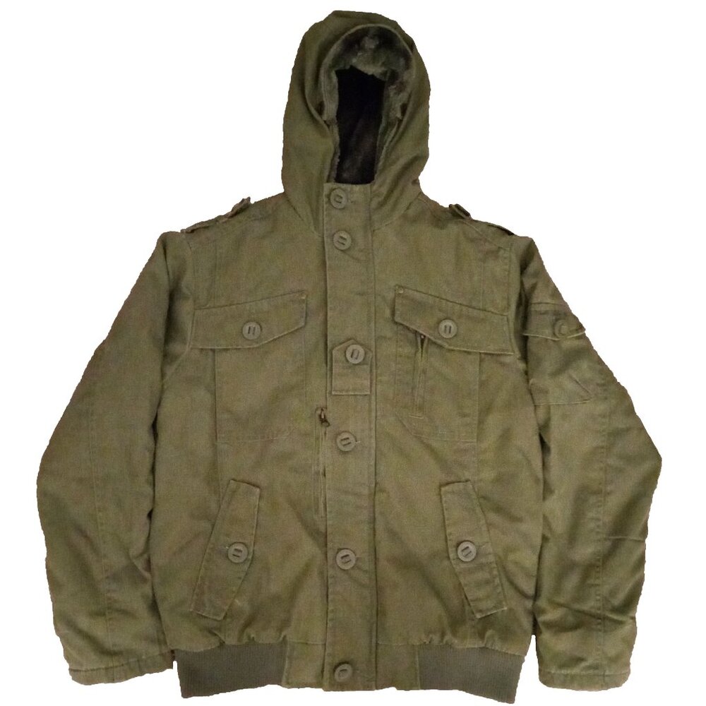 Whispering Smith Insulated Fluffy Hood Cotton Utility Cargo Jacket Sz M